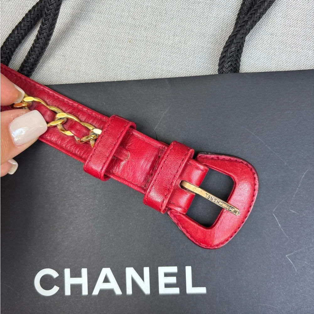 CHANEL Blue Quilted Mini Bag with Red Strap
